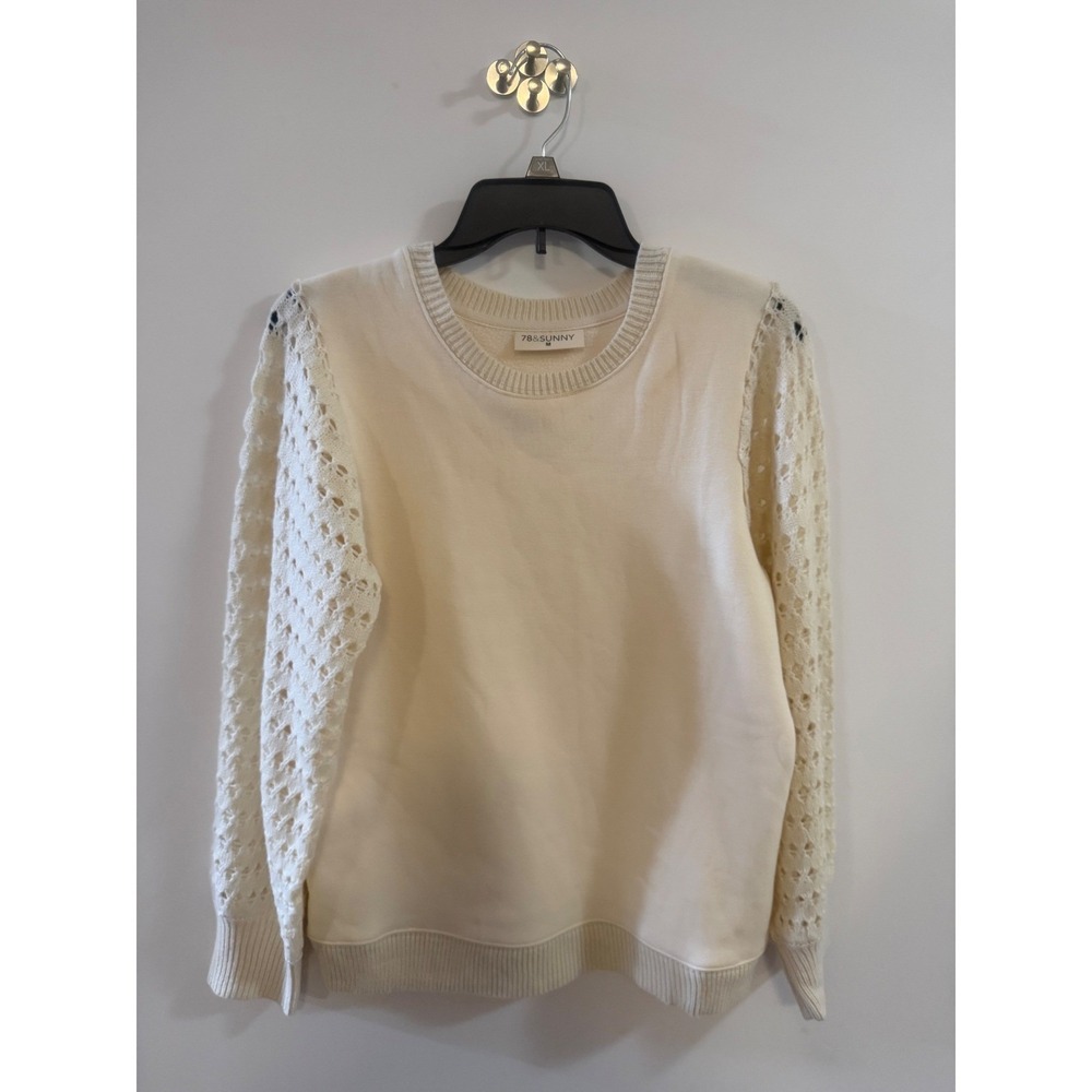 78&SUNNY Cream Sweatshirt Crochet Eyelet Lace Balloon Sleeve Pullover Ivory M